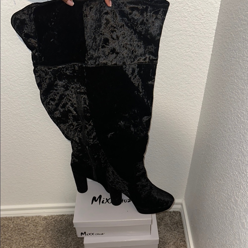 Brand New Velvet Black Boots with Chunky Heel